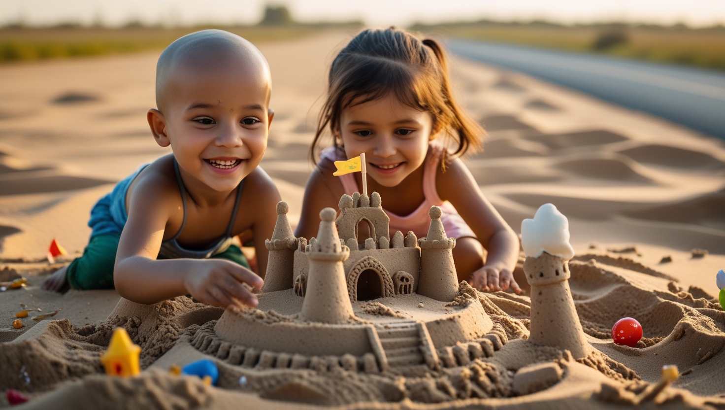 A small boy playing with his sister. A bald boy