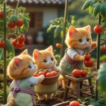charming orange kittens—chubby, fluffy, with rounded faces and expressive eyes—are joyfully harvesting ripe red tomatoes in a lush vegetable garden.