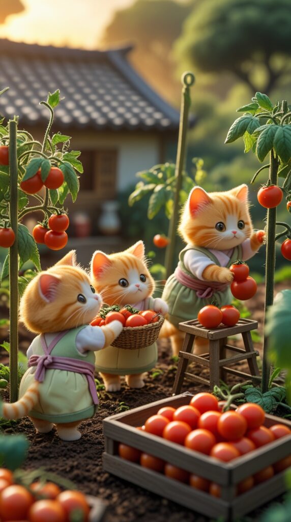 charming orange kittens—chubby, fluffy, with rounded faces and expressive eyes—are joyfully harvesting ripe red tomatoes in a lush vegetable garden.