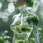 A luminous, transparent glass woman figure with an hourglass body, showcasing an intricate internal ecosystem, featuring miniature plants with delicate moss and flowers sprouting from within.
