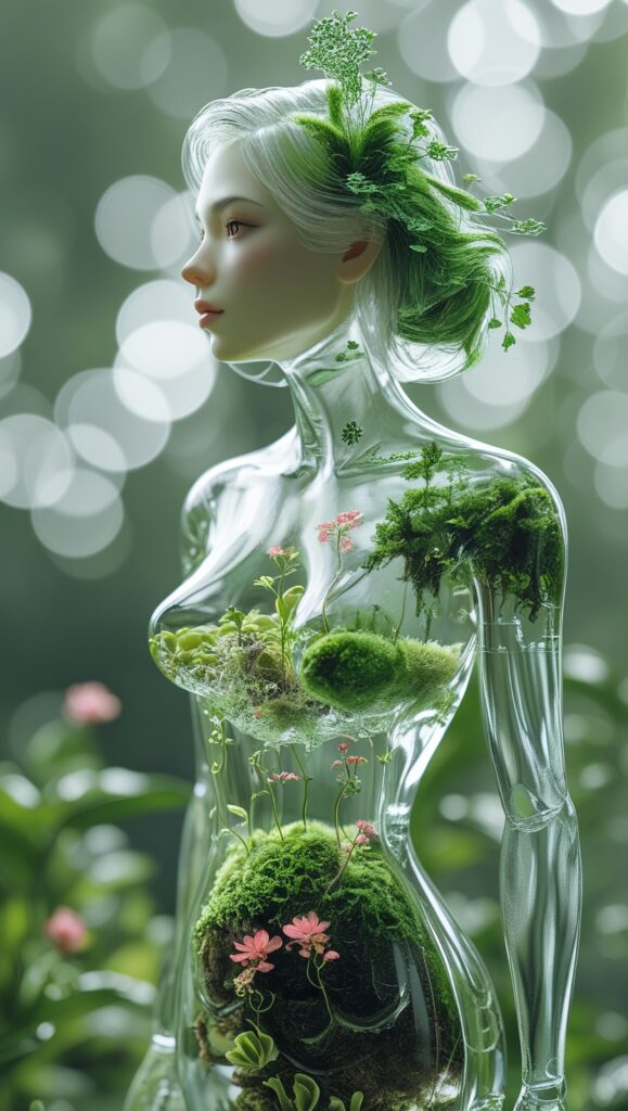 A luminous, transparent glass woman figure with an hourglass body, showcasing an intricate internal ecosystem, featuring miniature plants with delicate moss and flowers sprouting from within.