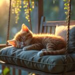 super realistic orange tabby kitten dozing on a cushioned porch swing with hanging plants around, gentle breeze effect, golden hour lighting, emotionally touching