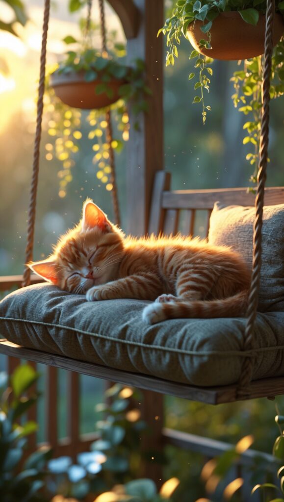 super realistic orange tabby kitten dozing on a cushioned porch swing with hanging plants around, gentle breeze effect, golden hour lighting, emotionally touching