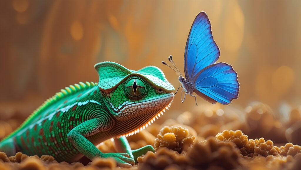 A cameleon and a butterfly