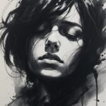 A raw emotion through bold, gestural strokes and delicate, whispery textures, with deep, rich blacks and subtle, velvety grays that seem to reverberate with the subject's inner turmoil