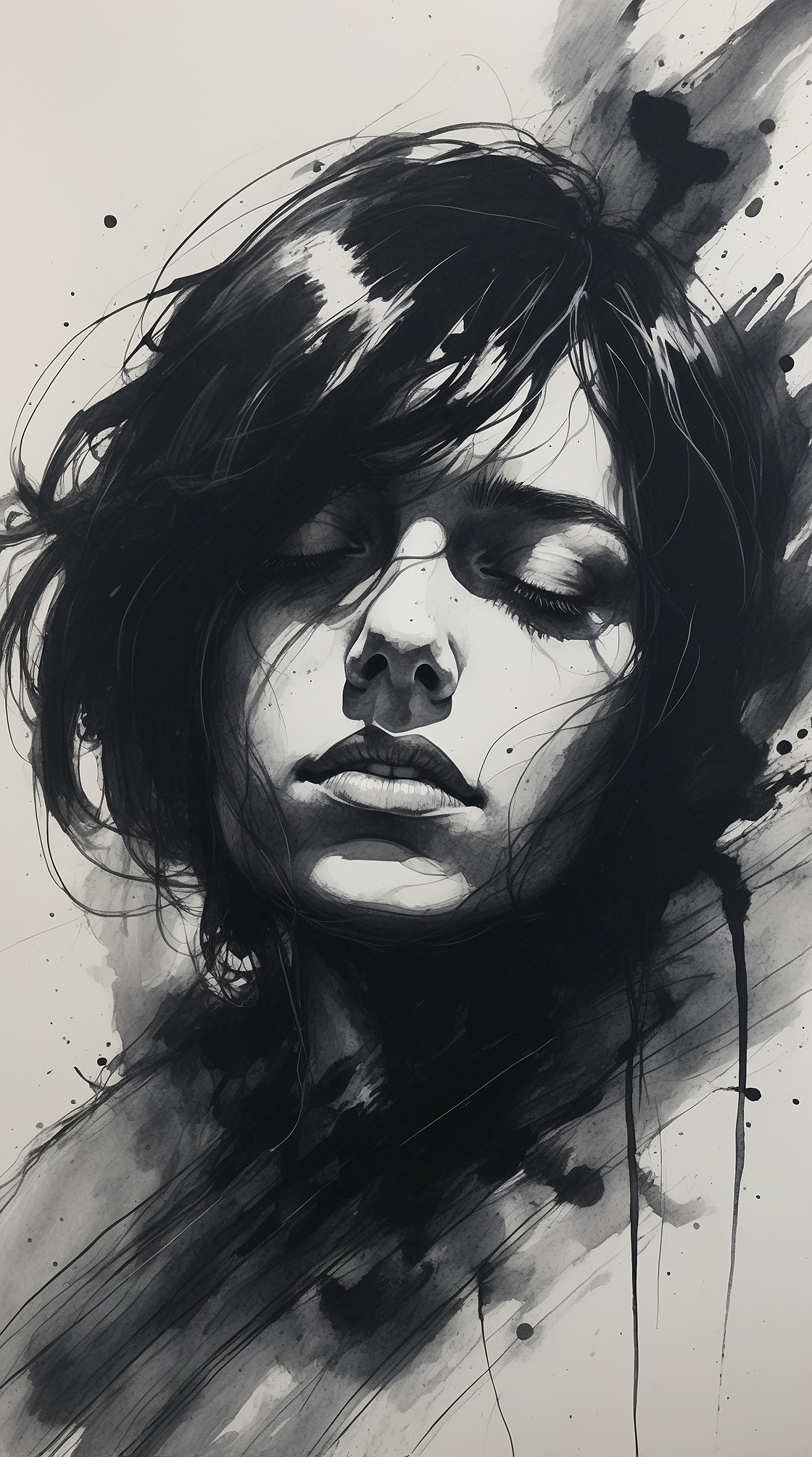 A raw emotion through bold, gestural strokes and delicate, whispery textures, with deep, rich blacks and subtle, velvety grays that seem to reverberate with the subject's inner turmoil