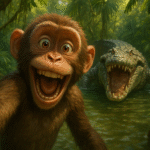 An enthusiastic adult monkey in the foreground taking a selfie