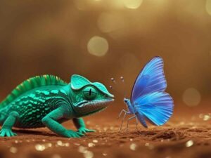 an-emerald-green-chameleon-and-a-delicate-iridescent-blue-butterfly