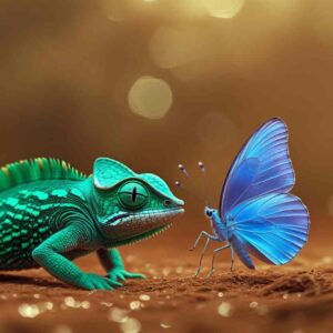 an-emerald-green-chameleon-and-a-delicate-iridescent-blue-butterfly