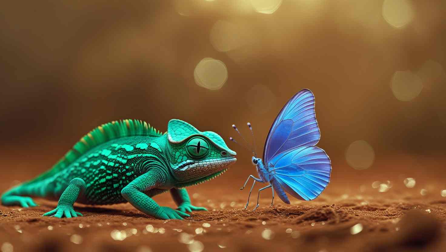 an emerald green chameleon and a delicate, iridescent blue butterfly-resized an-emerald-green-chameleon-and-a-delicate-iridescent-blue-butterfly